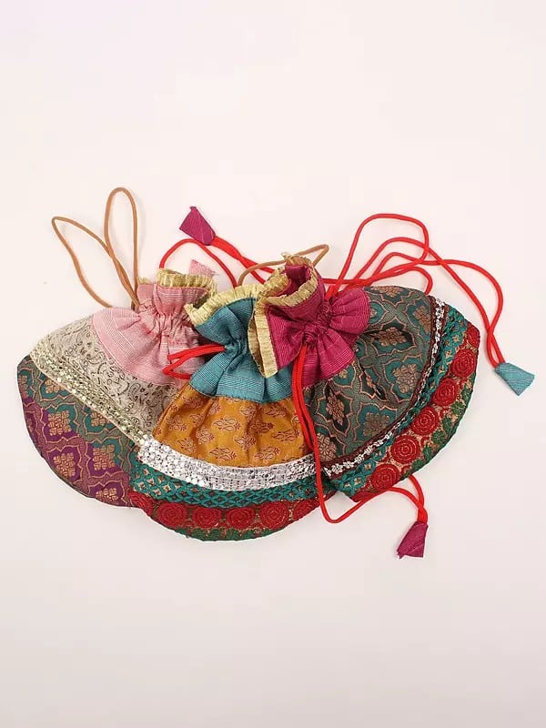 Exotic India Lot Of Three Brocaded Drawstring Potli Bags With Patchwork 