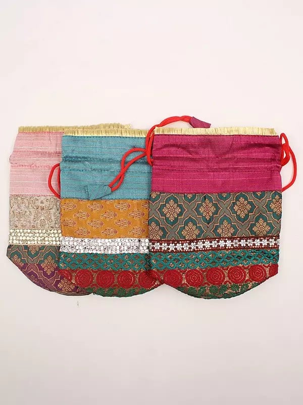exotic india Lot of Three Brocaded Drawstring Potli Bags with Patchwork 