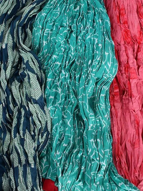 Exotic India Lot Of Three Crinkled Long Ghagra Skirts With Printed Flowers