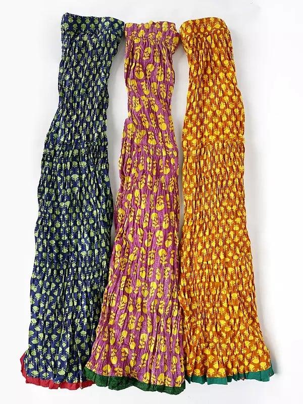 exotic india Lot of Three Crushed Long Ghagra Skirts from Jodhpur with All-Over Printed Flowers 