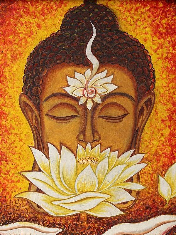 Exotic India Lotus Buddha Oil Painting With Carved Floral Frame 