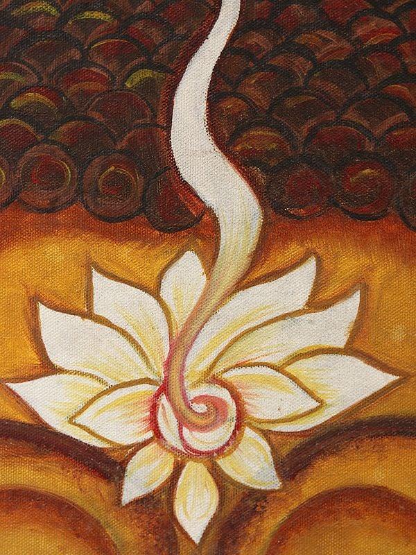 Exotic India Lotus Buddha Oil Painting With Carved Floral Frame 