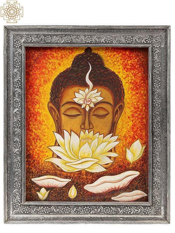 exotic india Lotus Buddha Oil Painting with Carved Floral Frame 