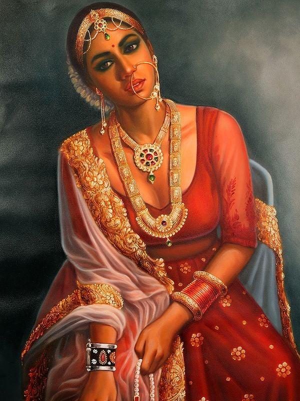 Exotic India Love Lorn Lady Oil Painting On Canvas | Without Frame