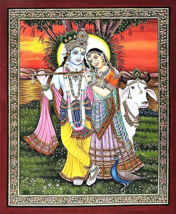 exotic india Loving Bond of Radha-Krishna Amidst the Calming Sunset