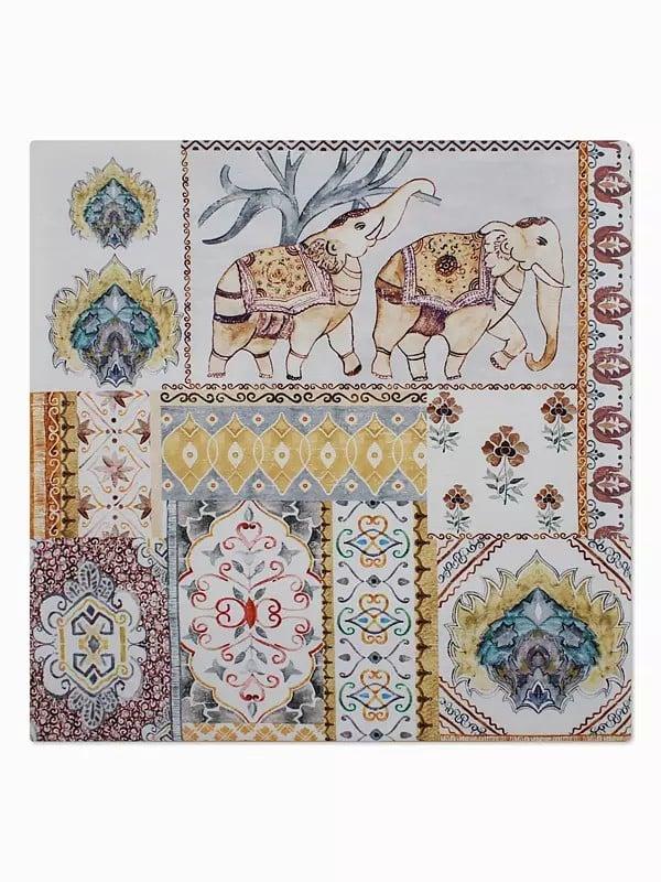 Exotic India Lucent-White Cotton Cushion Cover With Printed Elephant And Flowers