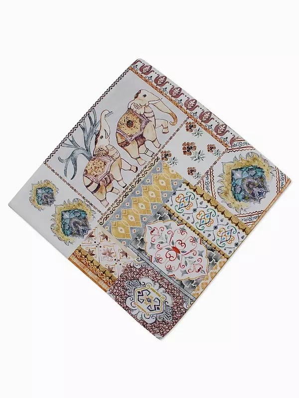 Exotic India Lucent-White Cotton Cushion Cover With Printed Elephant And Flowers