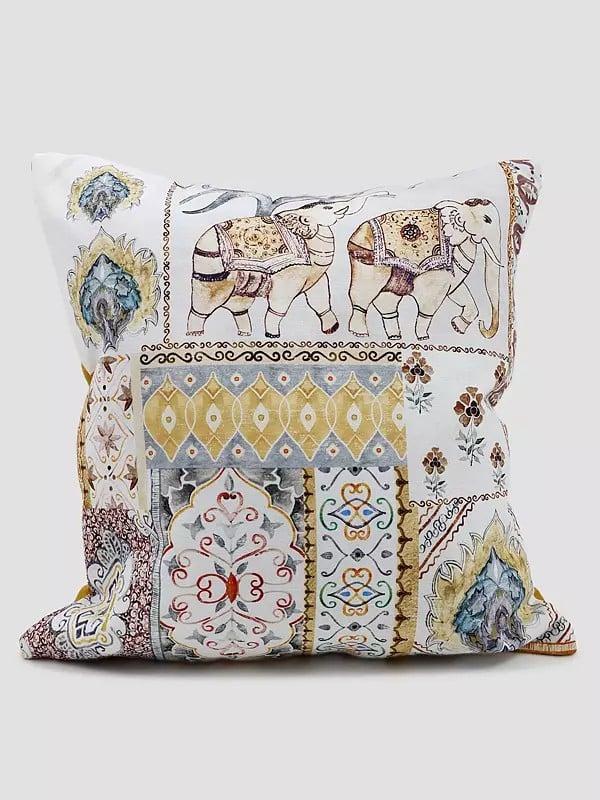 exotic india Lucent-White Cotton Cushion Cover with Printed Elephant and Flowers 