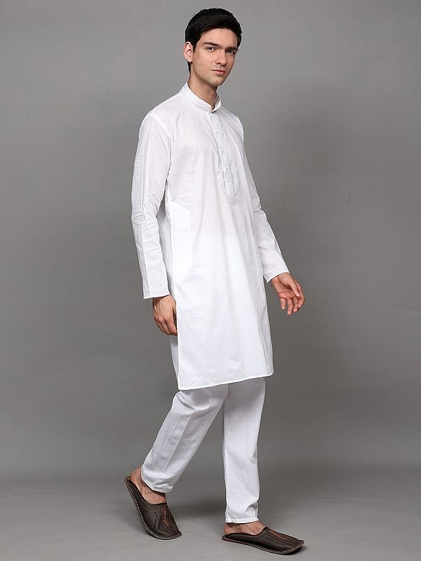 Exotic India Lucent-White Cotton Kurta Pajama Set With Embroidery On Neck 