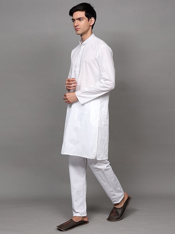 Exotic India Lucent-White Cotton Kurta Pajama Set With Embroidery On Neck 