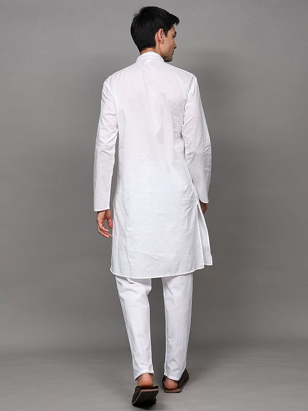 Exotic India Lucent-White Cotton Kurta Pajama Set With Embroidery On Neck 