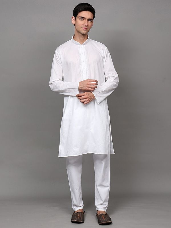exotic india Lucent-White Cotton Kurta Pajama Set with Embroidery on Neck 