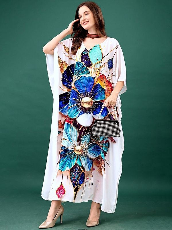 Exotic India Lucent-White Long Kaftan With Floral Print 