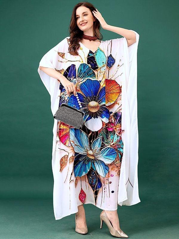 exotic india Lucent-White Long Kaftan with Floral Print 