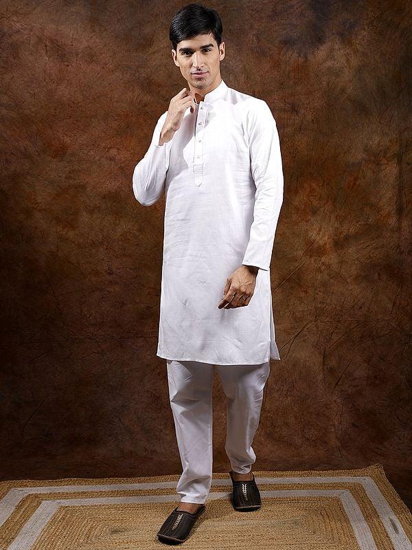 Exotic India Lucent-White Mandarin Collar Pure Cotton Kurta Pajama Set 