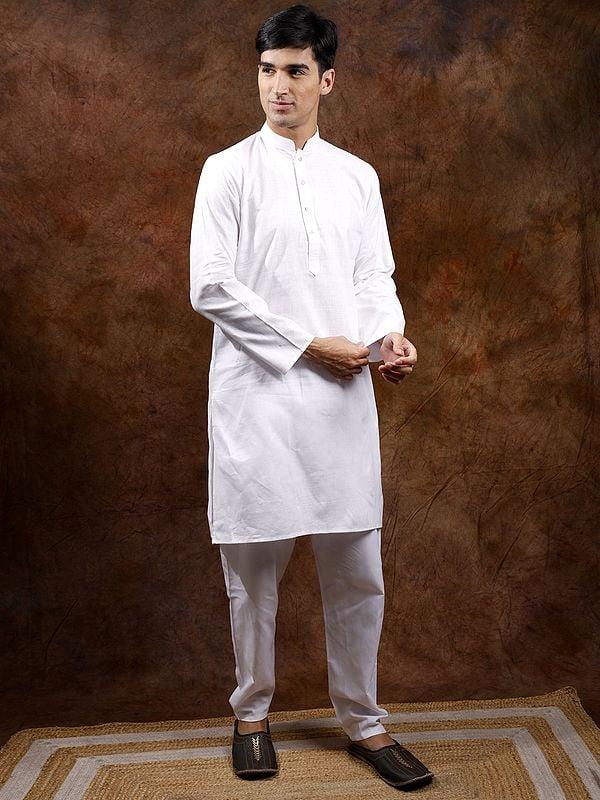 Exotic India Lucent-White Mandarin Collar Pure Cotton Kurta Pajama Set 