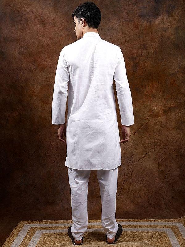 Exotic India Lucent-White Mandarin Collar Pure Cotton Kurta Pajama Set 