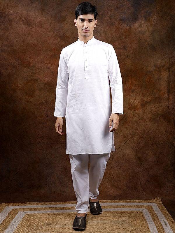 exotic india Lucent-White Mandarin Collar Pure Cotton Kurta Pajama Set 