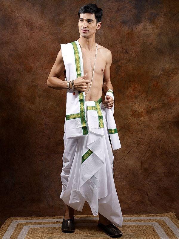 Exotic India Lucent-White Plain Dhoti And Angavastram Set With Zari Woven Paisleys On Border 