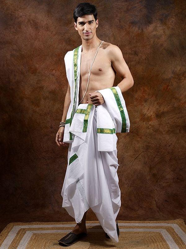 Exotic India Lucent-White Plain Dhoti And Angavastram Set With Zari Woven Paisleys On Border 