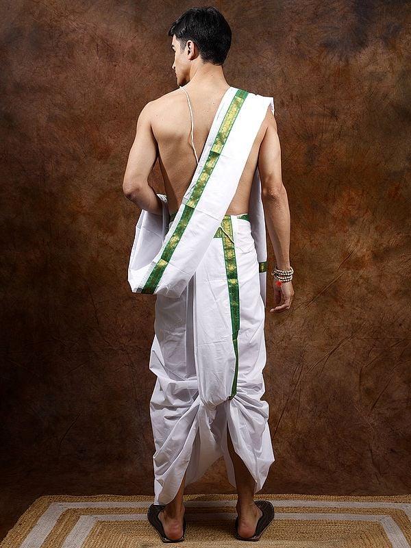 Exotic India Lucent-White Plain Dhoti And Angavastram Set With Zari Woven Paisleys On Border 