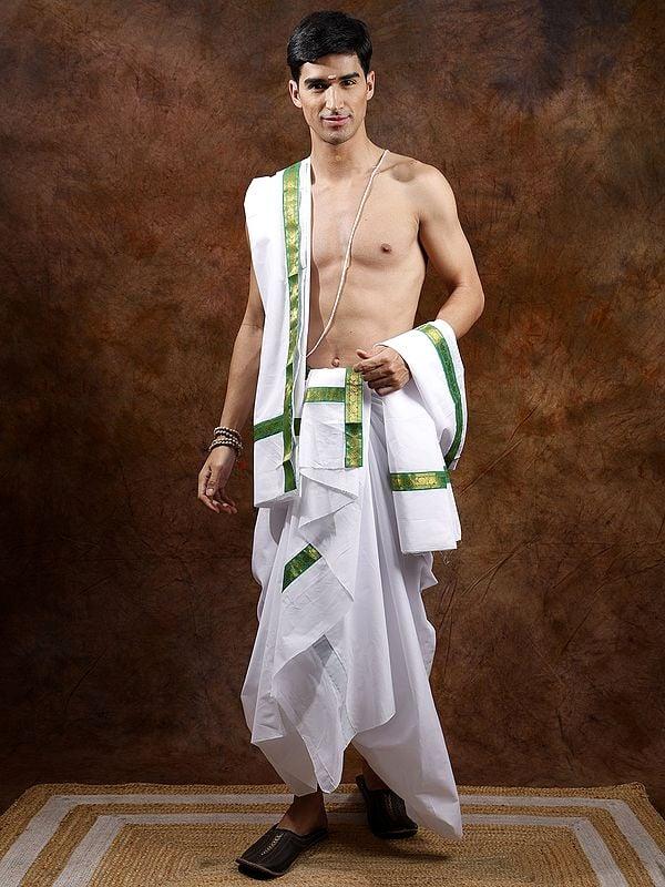 exotic india Lucent-White Plain Dhoti and Angavastram Set with Zari Woven Paisleys on Border 