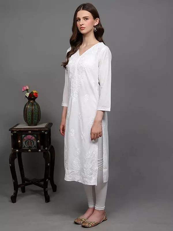 Exotic India Lucent-White Pure Cotton Long Kurti With Lukhnavi Chikan Embroidery 