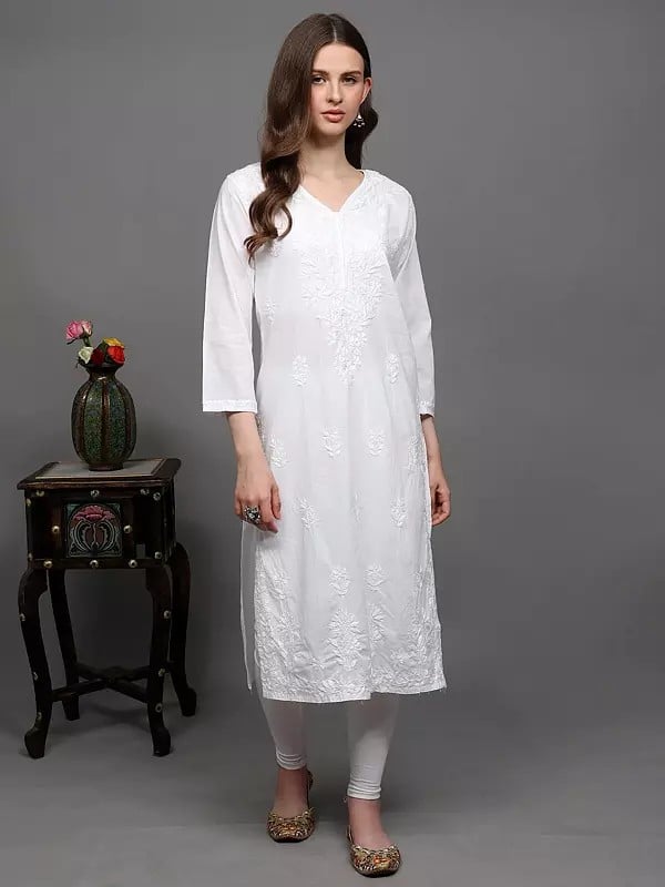 Exotic India Lucent-White Pure Cotton Long Kurti With Lukhnavi Chikan Embroidery 