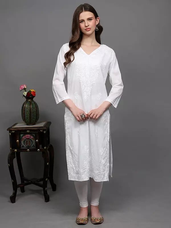 Exotic India Lucent-White Pure Cotton Long Kurti With Lukhnavi Chikan Embroidery 