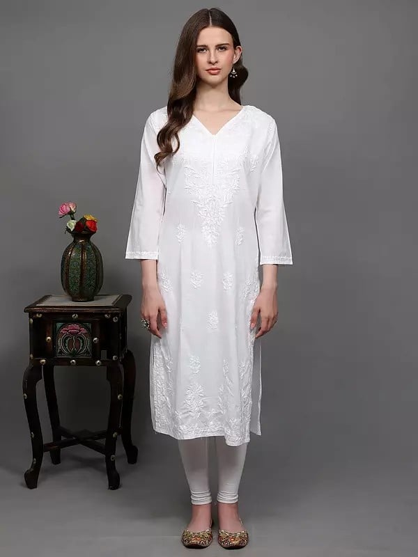 exotic india Lucent-White Pure Cotton Long Kurti with Lukhnavi Chikan Embroidery 