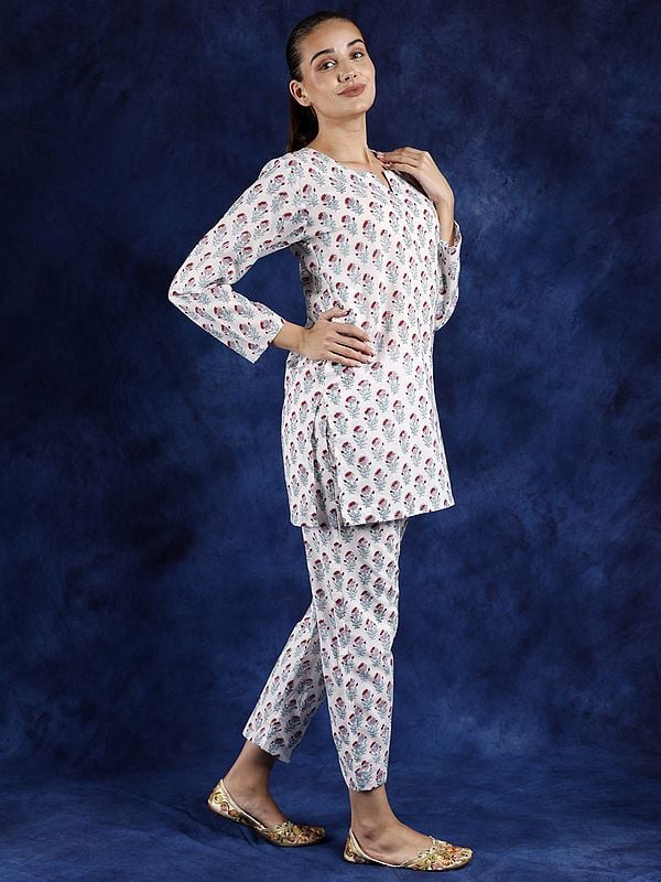 Exotic India Lucent-White Side Pocket Co-Ord Set With Block Printed Floral Butta