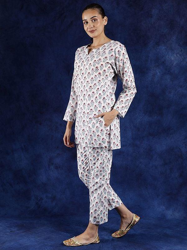 Exotic India Lucent-White Side Pocket Co-Ord Set With Block Printed Floral Butta