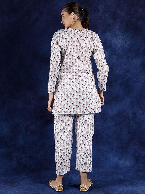 Exotic India Lucent-White Side Pocket Co-Ord Set With Block Printed Floral Butta