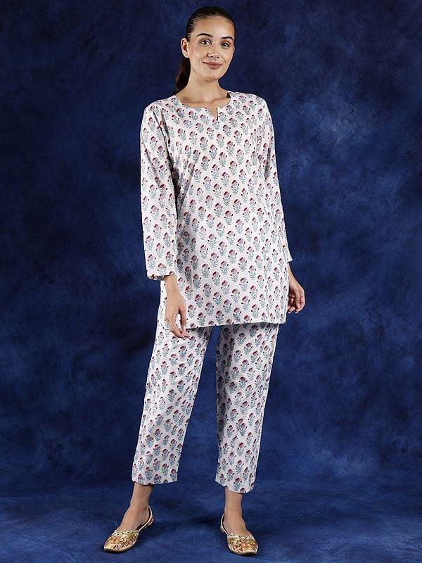 exotic india Lucent-White Side Pocket Co-Ord Set with Block Printed Floral Butta 