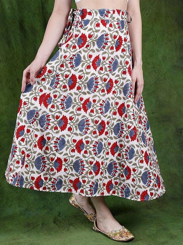 Exotic India Lucent-White Wrap Around Long Skirt With Block Printed Flowers 