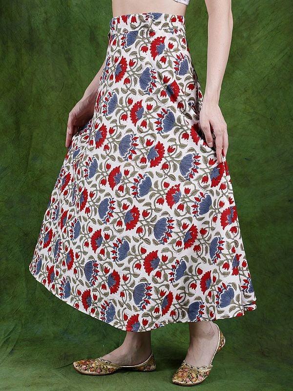 Exotic India Lucent-White Wrap Around Long Skirt With Block Printed Flowers 