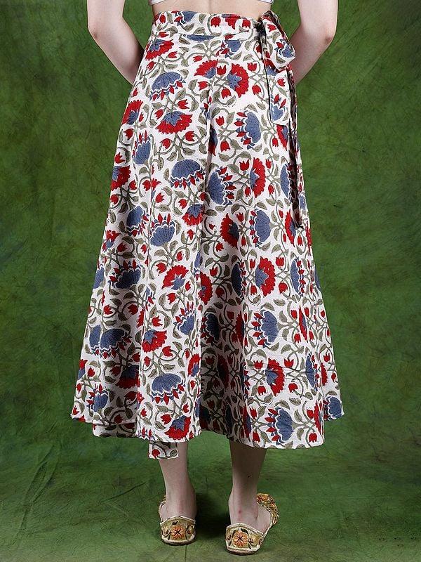 Exotic India Lucent-White Wrap Around Long Skirt With Block Printed Flowers 