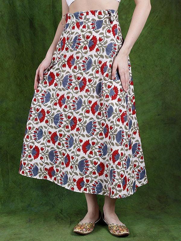 exotic india Lucent-White Wrap Around Long Skirt with Block Printed Flowers 