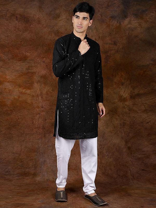 Exotic India Lukhnavi Chikan Kurta Pajama Set With Embroidered Paisleys