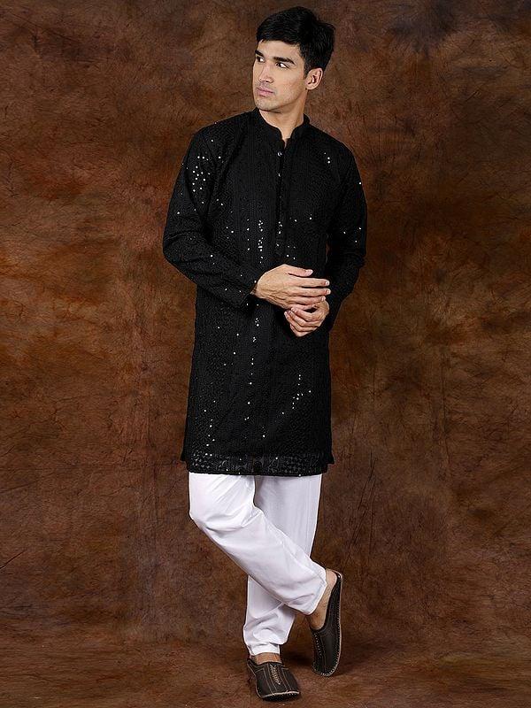 Exotic India Lukhnavi Chikan Kurta Pajama Set With Embroidered Paisleys