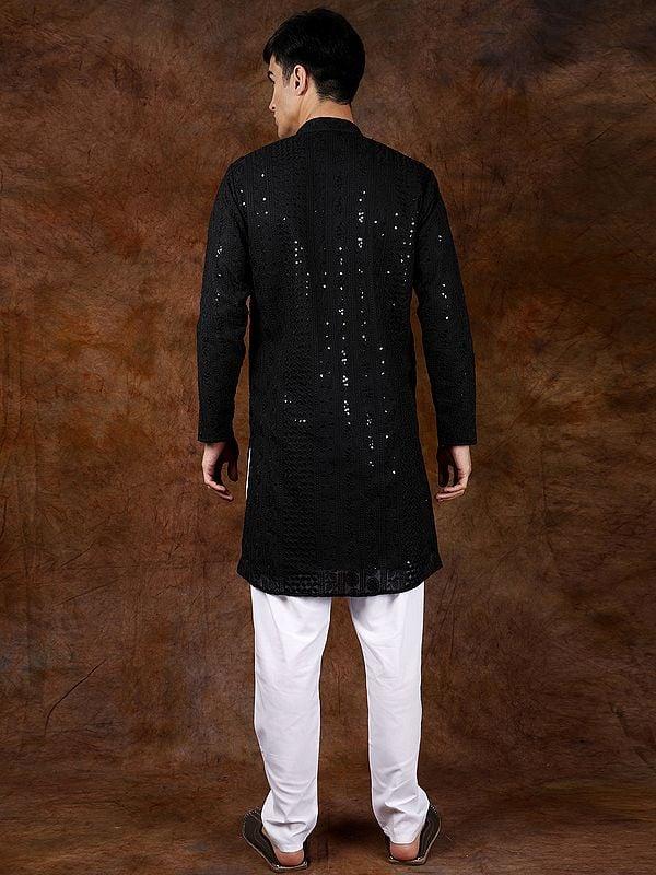 Exotic India Lukhnavi Chikan Kurta Pajama Set With Embroidered Paisleys
