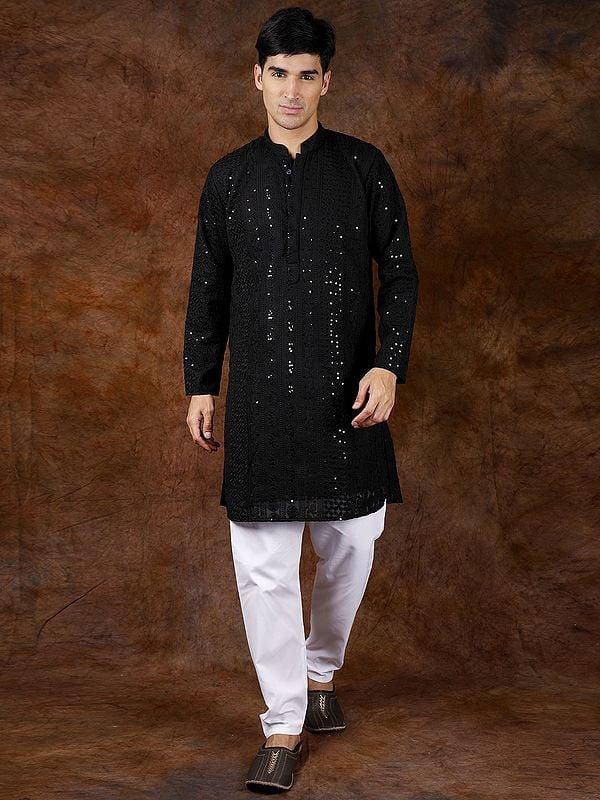 exotic india Lukhnavi Chikan Kurta Pajama Set with Embroidered Paisleys 
