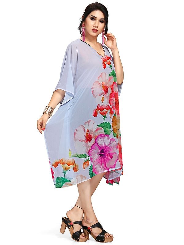 Exotic India Lunar-Rock Georgette Floral Print Short Kaftan