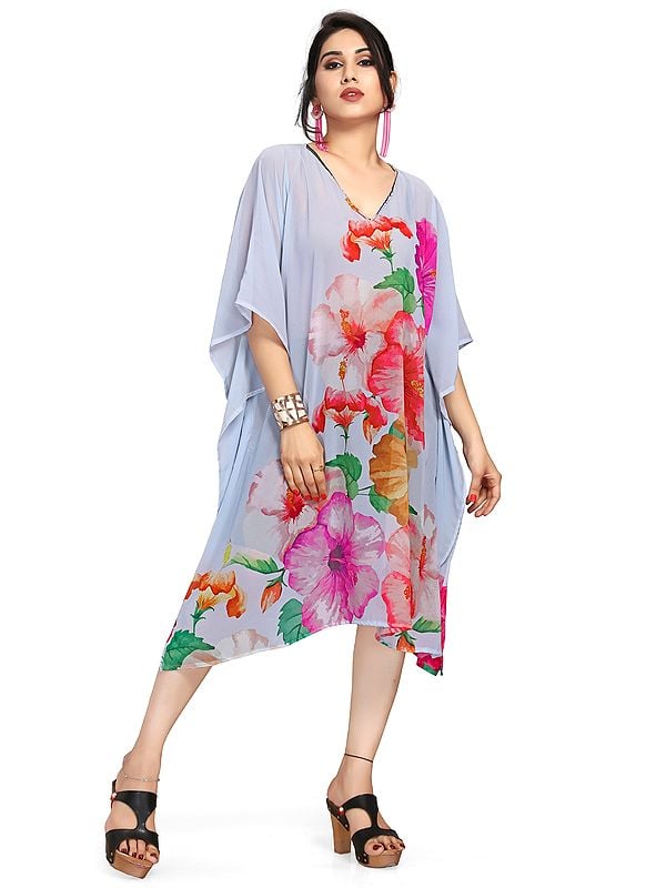 exotic india Lunar-Rock Georgette Floral Print Short Kaftan 