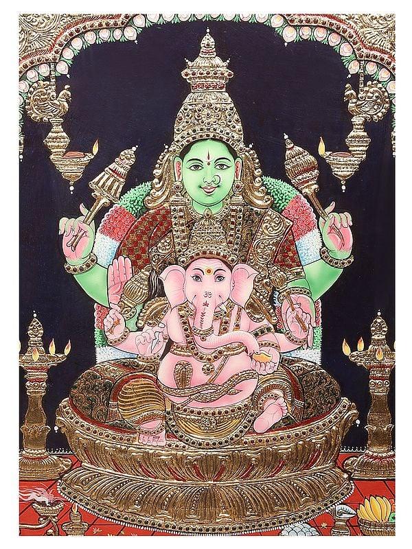 Exotic India Maa Parvati With Ganesha Tanjore Painting | Traditional Colors With 24K Gold | Teakwood Frame | Handmade Artwork