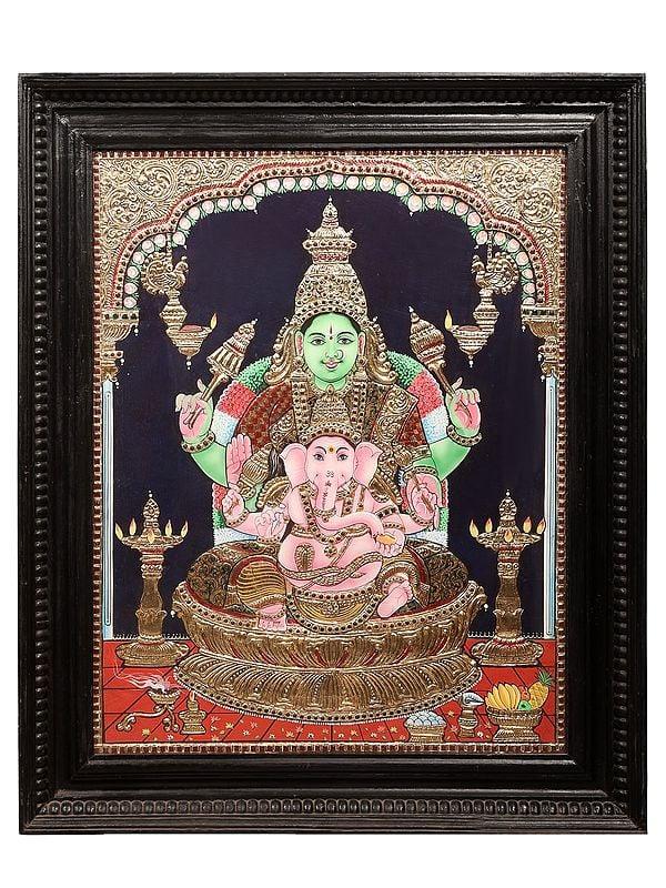 exotic india Maa Parvati with Ganesha Tanjore Painting | Traditional Colors With 24K Gold | Teakwood Frame | Handmade Artwork