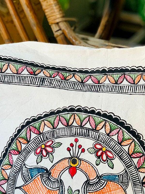 Exotic India Madhubani Art Work Handpainted Cushion Cover Pure Cotton| Mrunamayee Chandurkar Bakal 