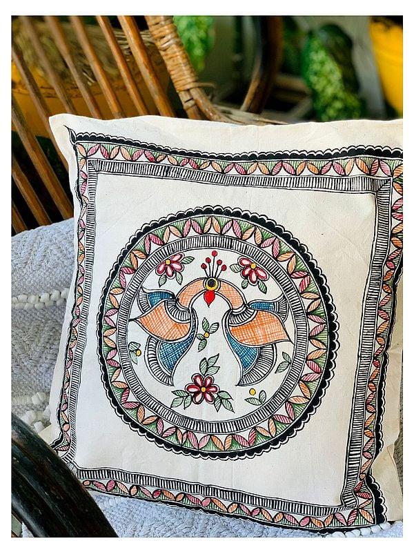exotic india Madhubani Art Work Handpainted Cushion Cover Pure Cotton| Mrunamayee Chandurkar Bakal 