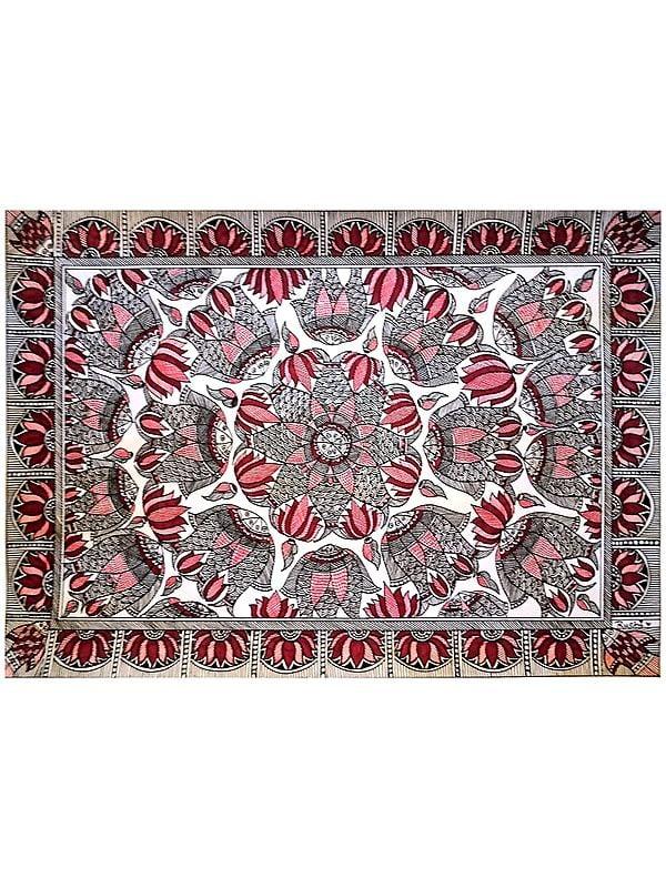 exotic india Madhubani Lotus And Matsya Raas | Fineliners And Alcohol Markers On Paper | By Ruchi