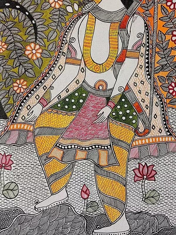 Exotic India Madhubani Painting Of Lord Rama In Nature | Acrylic On Canvas | By Lalita Ray 